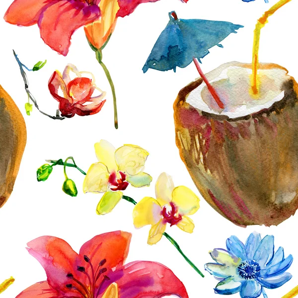 Pattern with coconut cocktail and tropical flowers — Stock Photo, Image