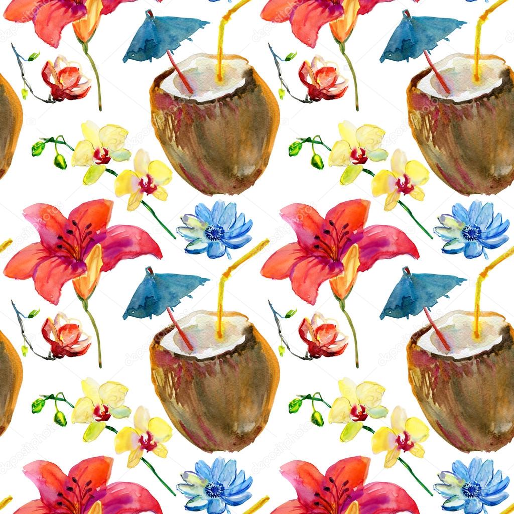Pattern with coconut cocktail and tropical flowers