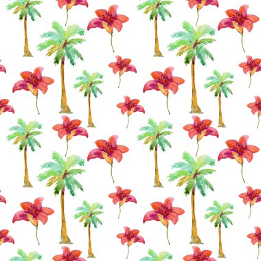 Suluboya ebegümeci ve palmiye ağacı. sorunsuz arka plan.