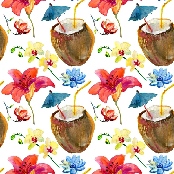 Tropical Seamless Pattern Coconut Cocktail Tropical Flowers Watercolor White Background — Stock Photo, Image