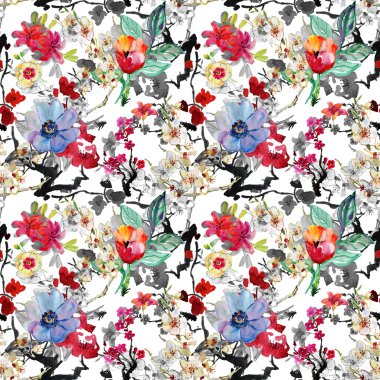 Kiraz ve Erik çiçekleri ile suluboya arka plan