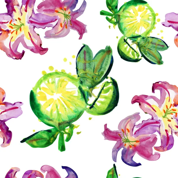 Watercolor lemons, pink flowers and limes — Stock Photo, Image