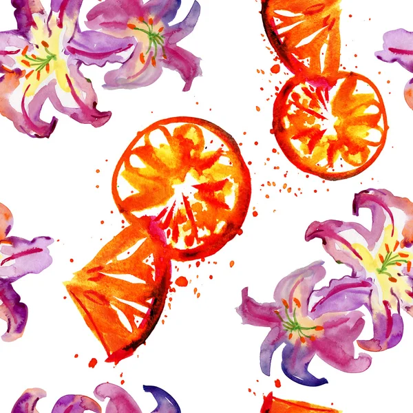 Pattern of watercolor flowers and oranges. — Stock Photo, Image