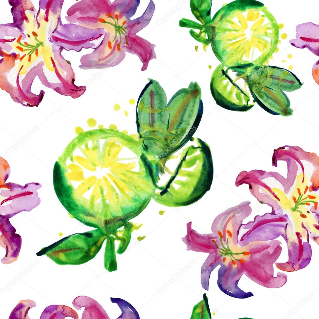 Watercolor lemons, pink flowers and limes