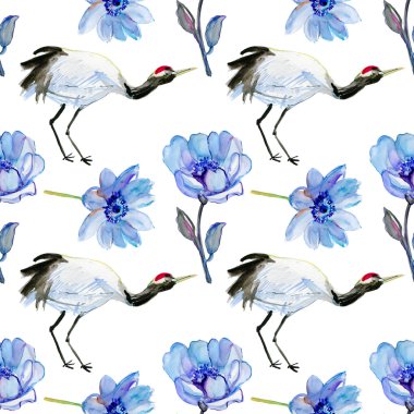 Asya vinç kuş ve mavi çiçekler.