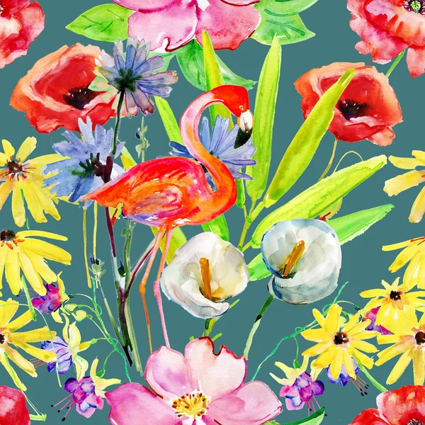 Floral background with flowers and flamingo — Stock Photo, Image