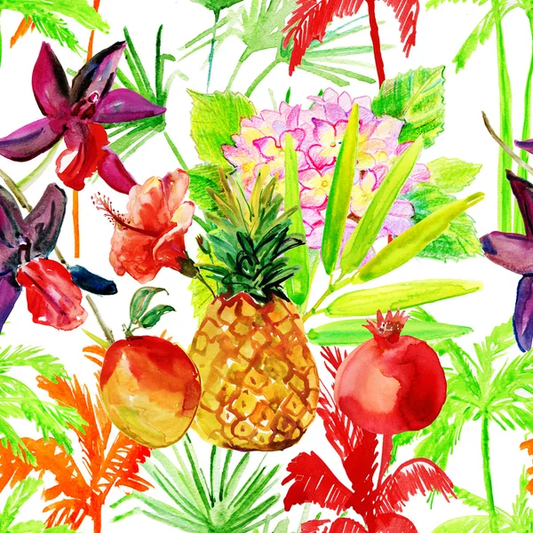 Akvarel ovoce, květiny a listy. — Stock fotografie