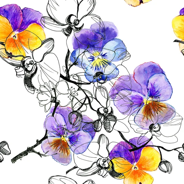 Pattern with orchids and pansies — Stock Photo, Image