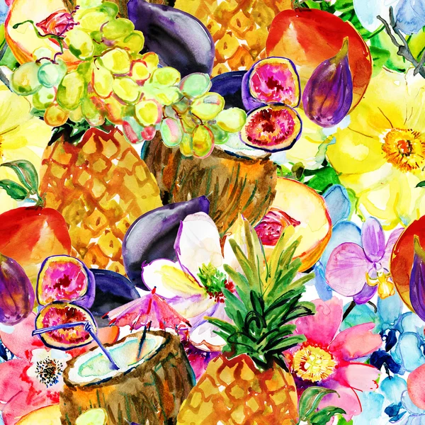 Patrón con coctel de coco, frutas y flores tropicales . Fotos de stock