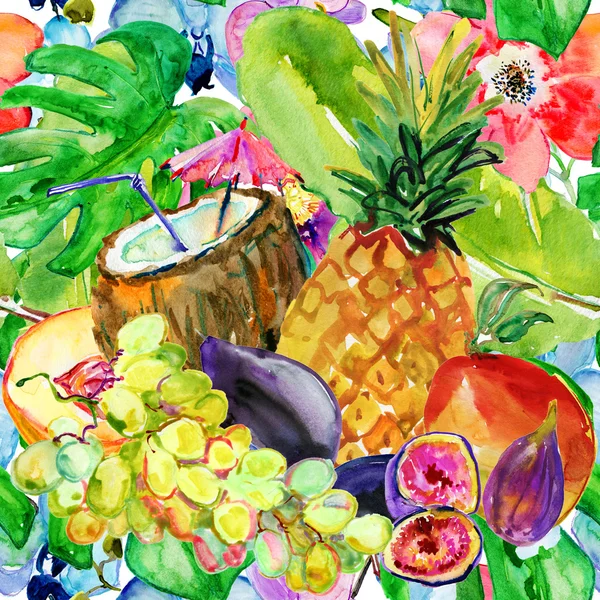 Naadloze Patroon Met Bloemen Vruchten Aquarel Illustratie — Stockfoto