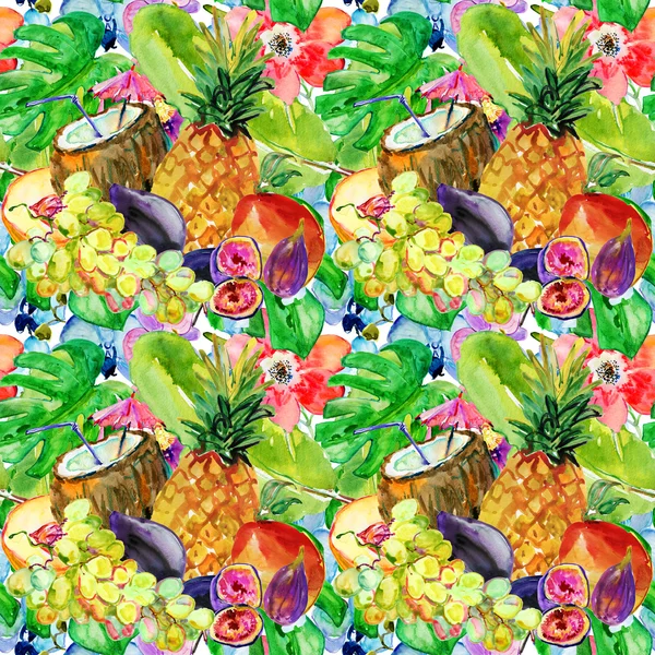 Seamless Pattern Flowers Fruits Watercolor Illustration — Stock Photo, Image