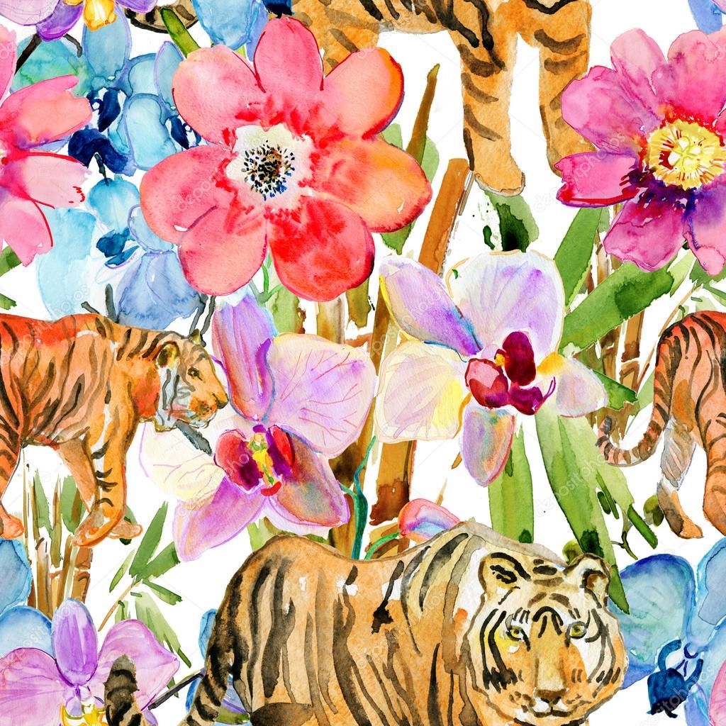 Jungle seamless pattern illustration in watercolor