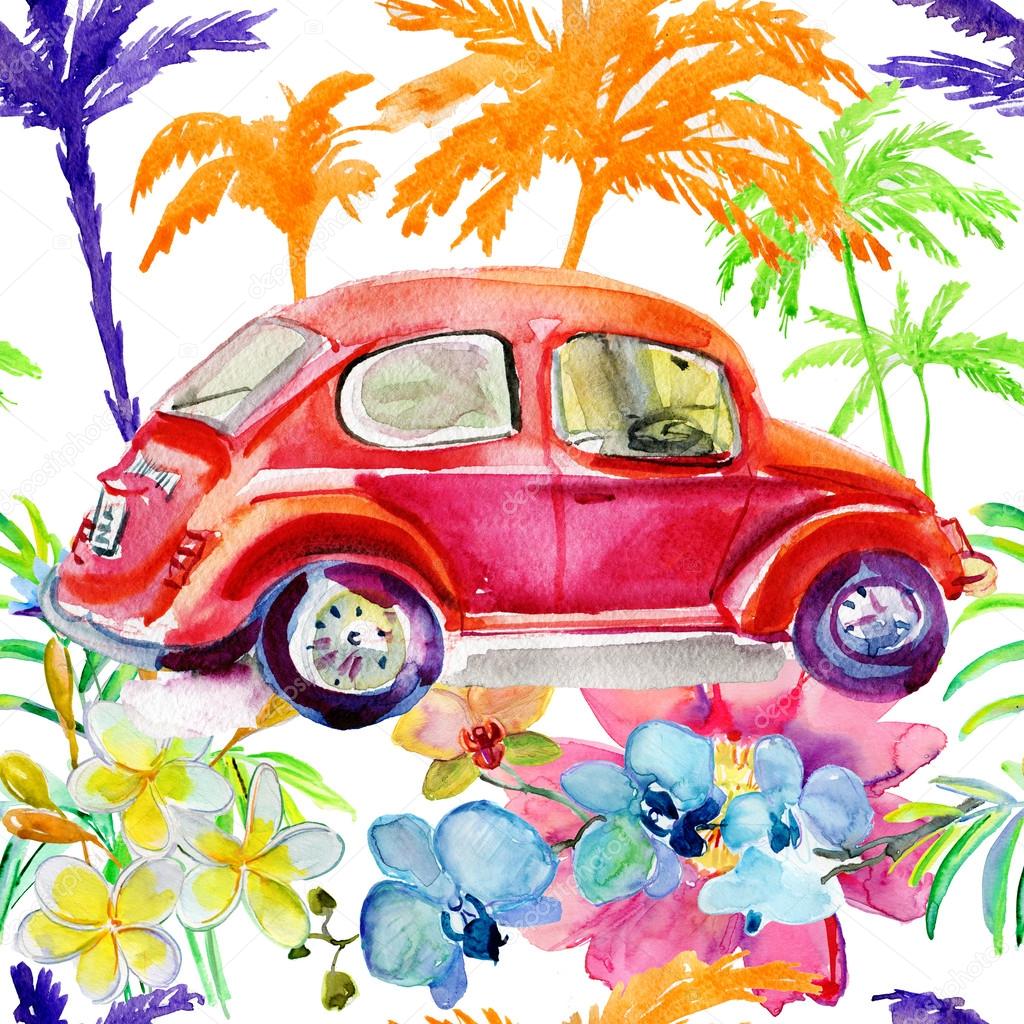 Retro car on summer background with palm trees and flowers. Seamless background.