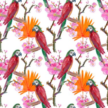 romantik papağan ve egzotik çiçekler