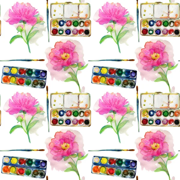 Watercolor in box and painted flowers — Stock Photo, Image