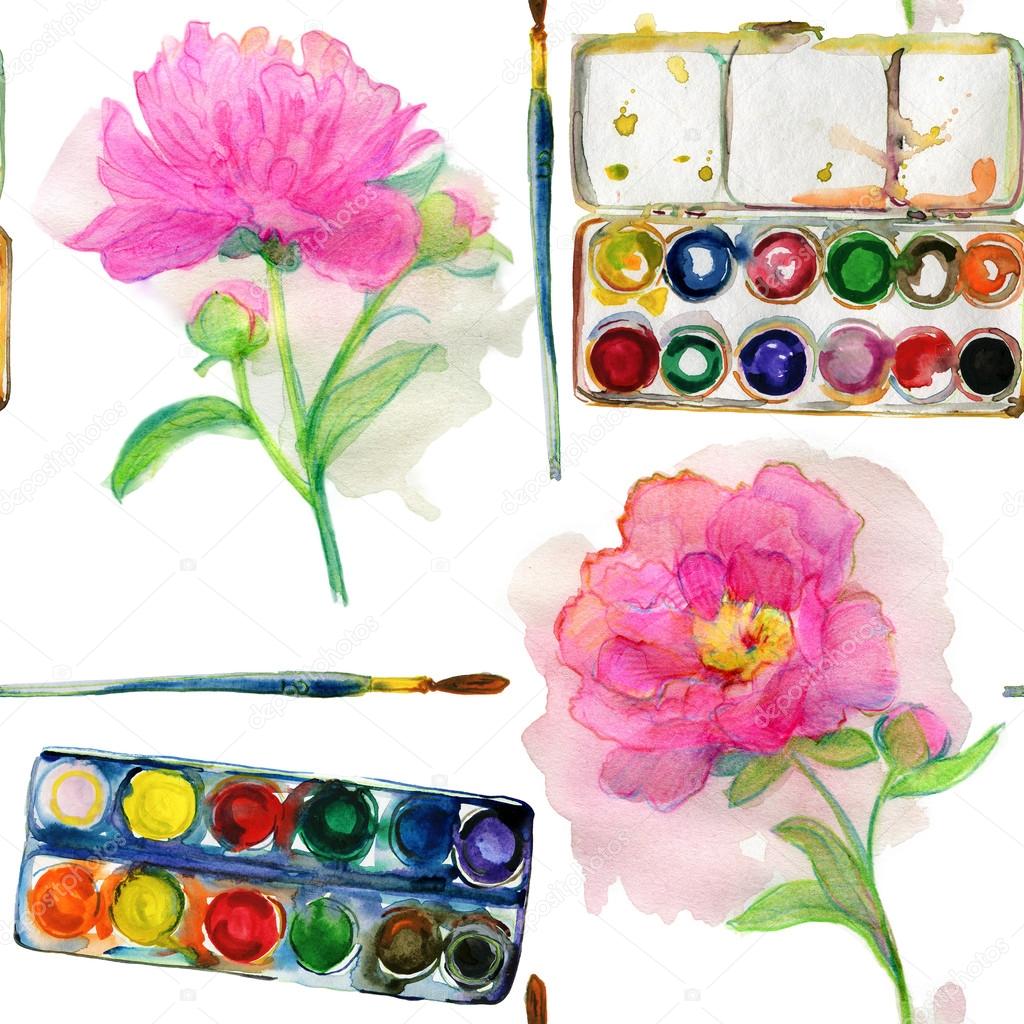 Watercolor in a box and flowers