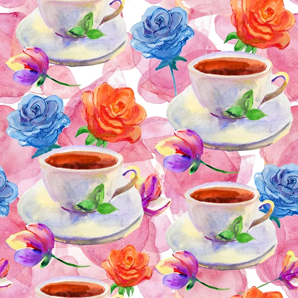 Cups with rose flowers background. — Stock Photo, Image