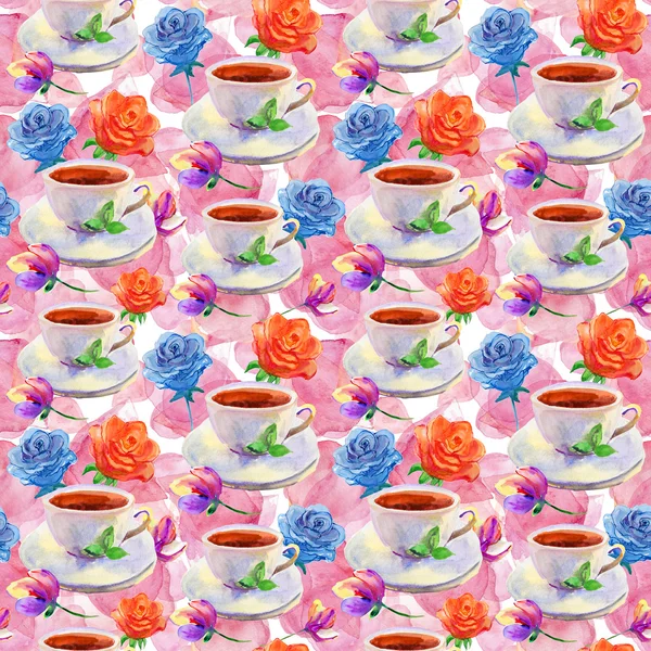 Cups met roze bloemen achtergrond. — Stockfoto