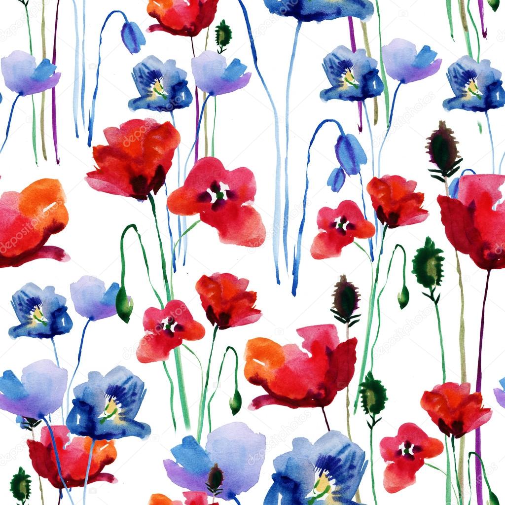 Stylized Poppy flowers pattern.
