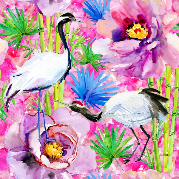 Crane fåglar, bambu och blommor bakgrund — Stockfoto