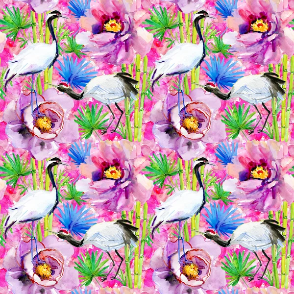 Crane vogels, bamboe en bloemen achtergrond — Stockfoto