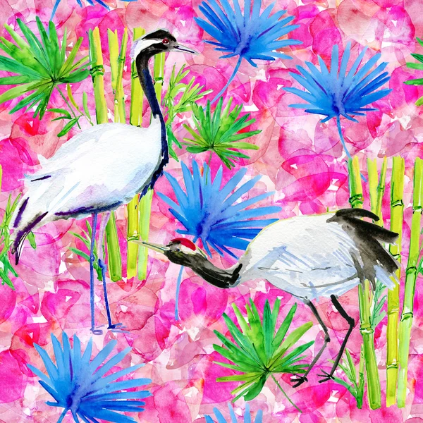 Crane fåglar, bambu och blommor bakgrund — Stockfoto