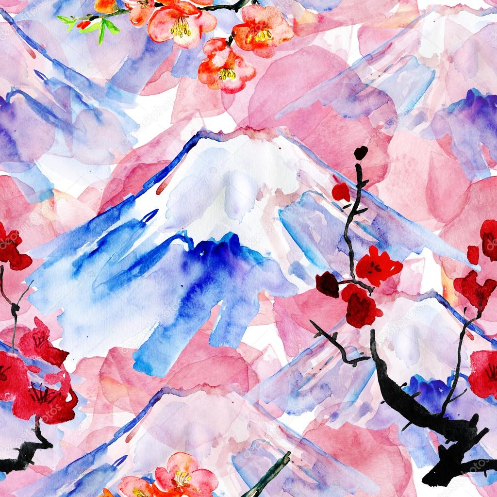 Fuji mountain with sakura flowers background .