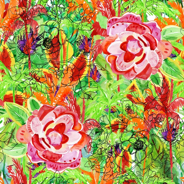Bezszwowe Tło Kwiatowy Kwiaty Ręcznie Malowane Akwarela Malarstwo Rysunek — Zdjęcie stockowe