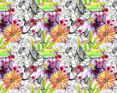 Uğultu-kuş ile sorunsuz çiçek arka plan