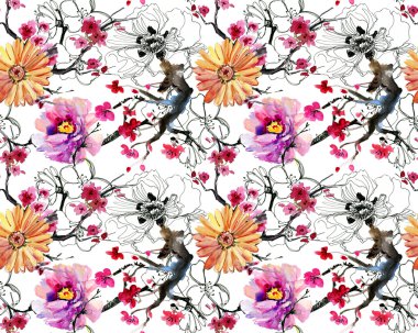 Çiçekli sorunsuz çiçek arka plan. El boyalı suluboya resim