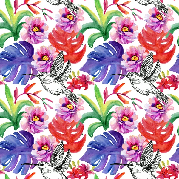 Seamless floral background with humming-bird