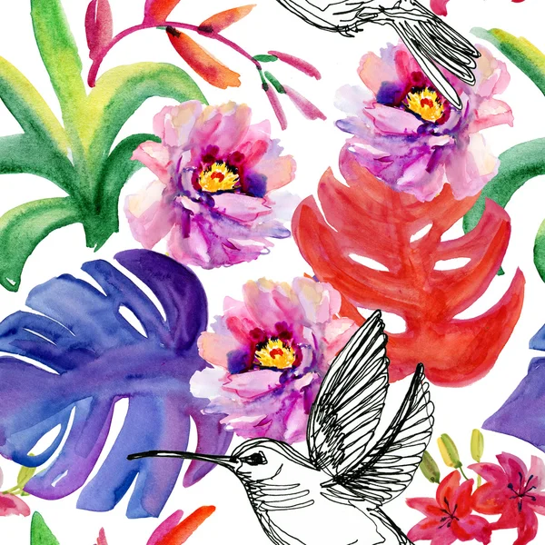 Fondo floral sin costuras con colibrí — Foto de Stock