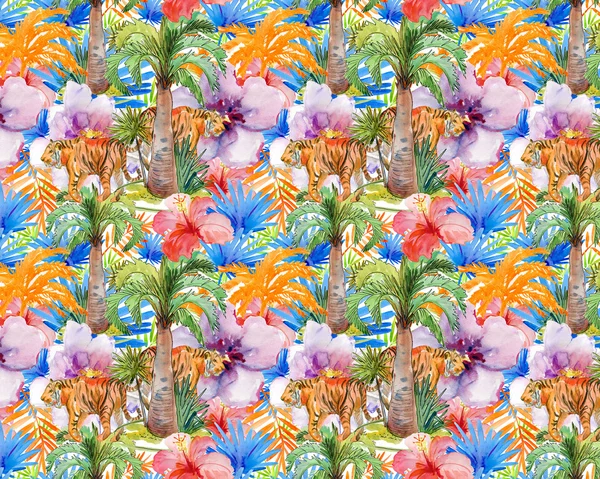 Modèle Tropical Seamless Avec Des Tigres Aquarelle Peinture — Photo