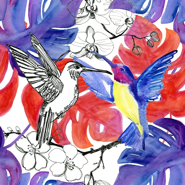 Fundo Floral Sem Costura Com Flores Pássaros Cantarolando Pintura Pintada — Fotografia de Stock