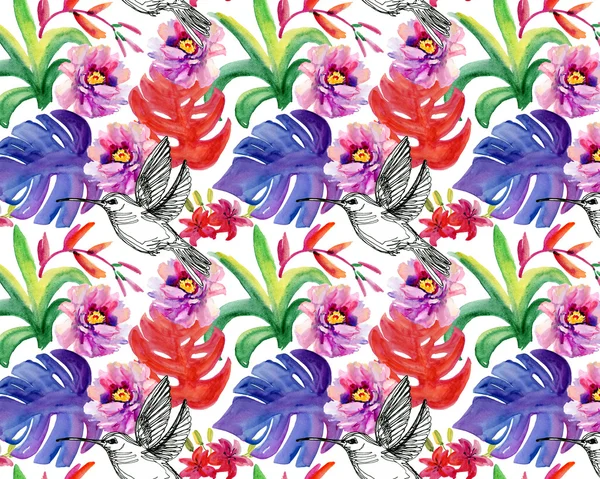 Fondo Floral Sin Costuras Con Flores Colibríes Pintura Acuarela Pintada —  Fotos de Stock