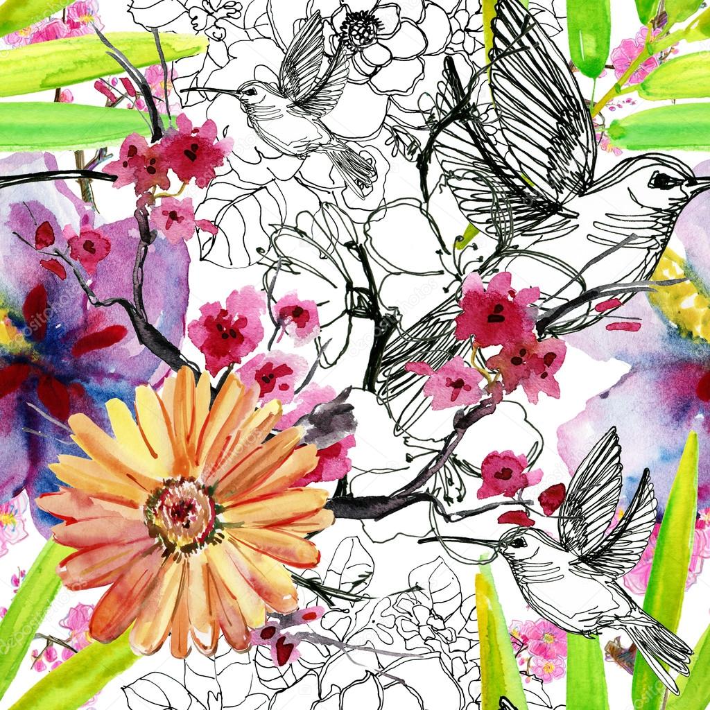 Abstract floral liana watercolor seamless background and orchids flowers with birds