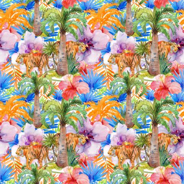 Kaplanlar ile tropikal Seamless modeli. Suluboya resim.