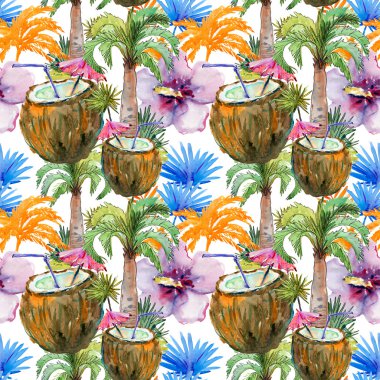 Hindistan cevizi kokteyl ile tropikal seamless modeli, palmiye ağaçları ve tropik çiçekler. Suluboya resim