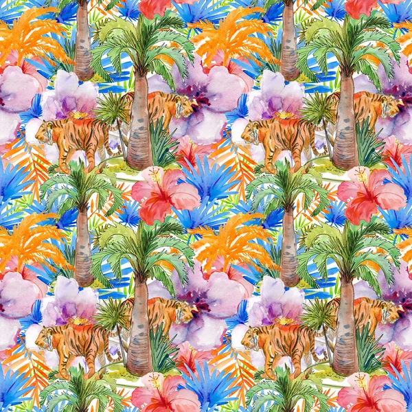 Modèle Tropical Seamless Avec Des Tigres Aquarelle Peinture — Photo