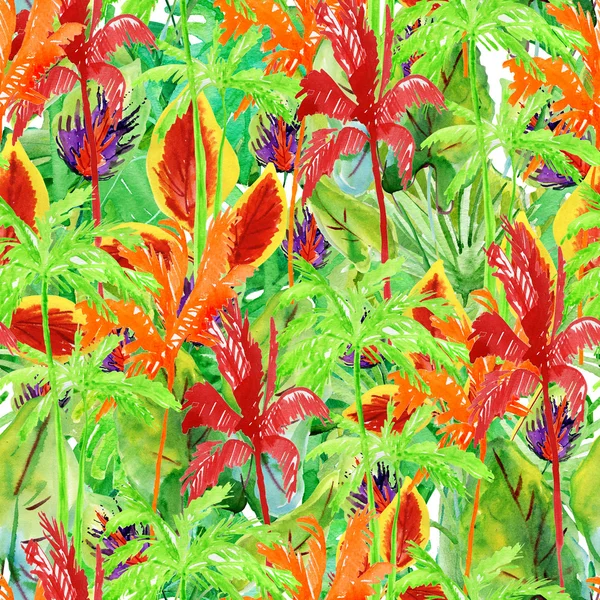 Watercolor Seamless Pattern Green Succulent Plants Tropical Leaves Background — Stock Photo, Image