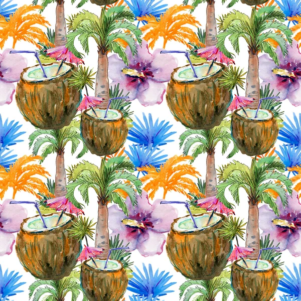 ココナッツのカクテルと熱帯のシームレスなパターン ヤシの木と熱帯の花々 水彩画 — ストック写真