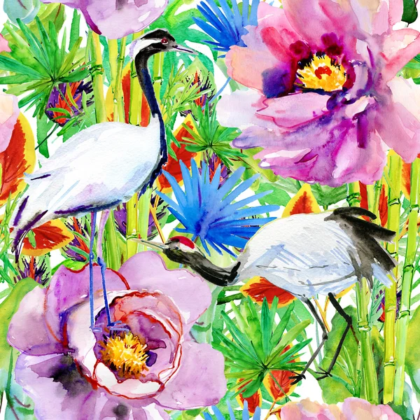 Crane vogels, bamboe en bloemen — Stockfoto