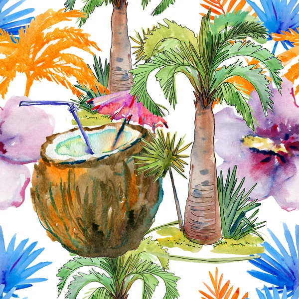 Tropical seamless pattern with coconut cocktail — Stock Photo, Image
