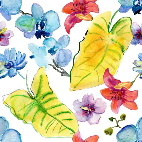 Tropické listy a exotické květiny — Stock fotografie
