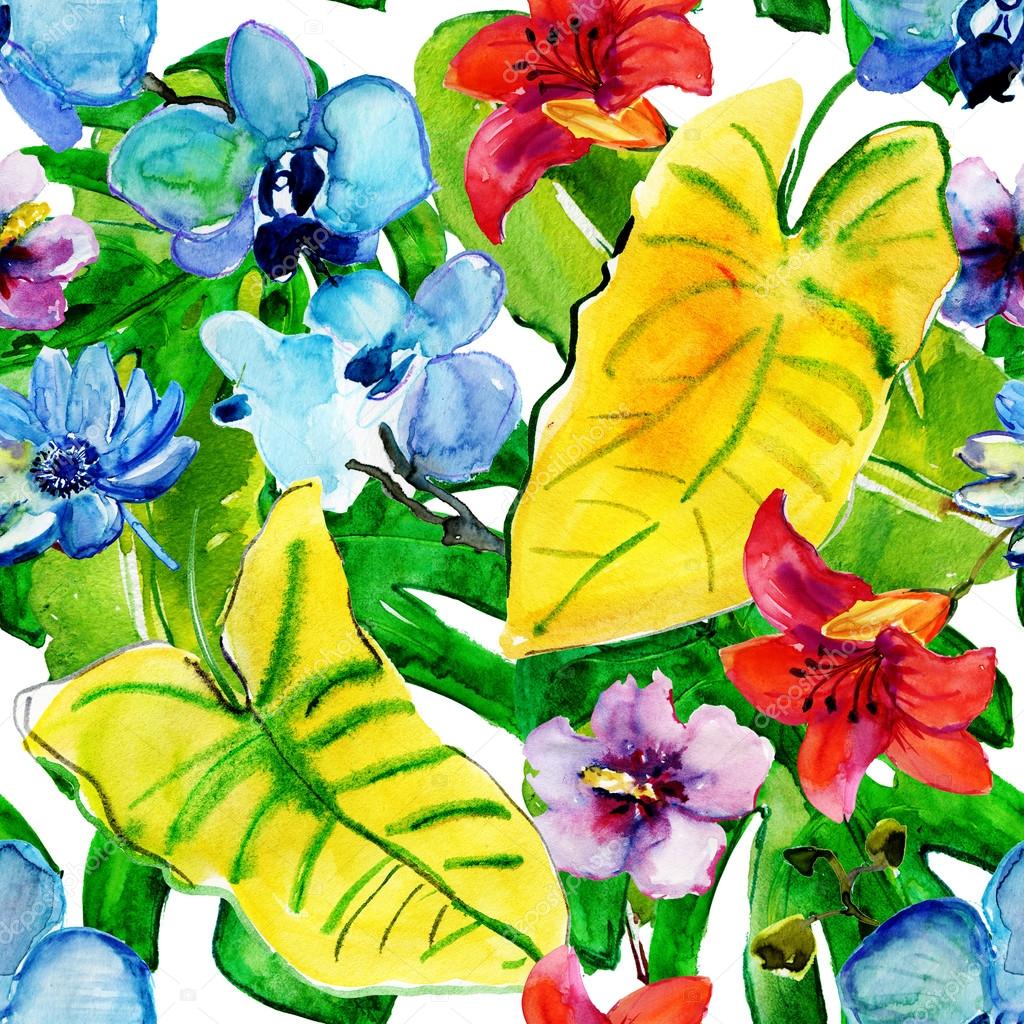 Tropical leaves and exotic flowers