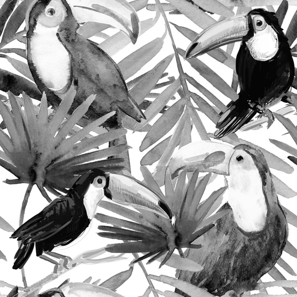 Τροπικό χωρίς ραφή πρότυπο με πουλιά και φύλλα — Φωτογραφία Αρχείου