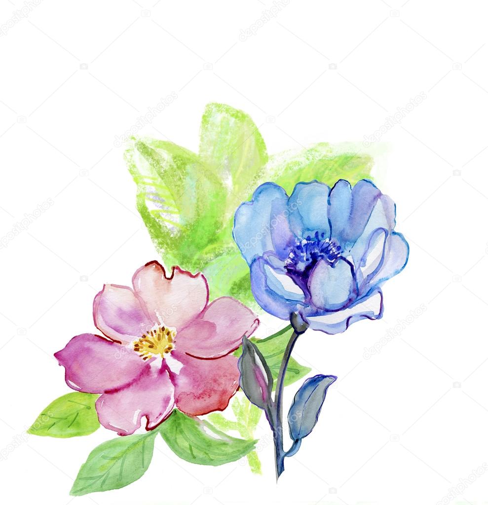 Beautiful watercolor purple and blue flowers