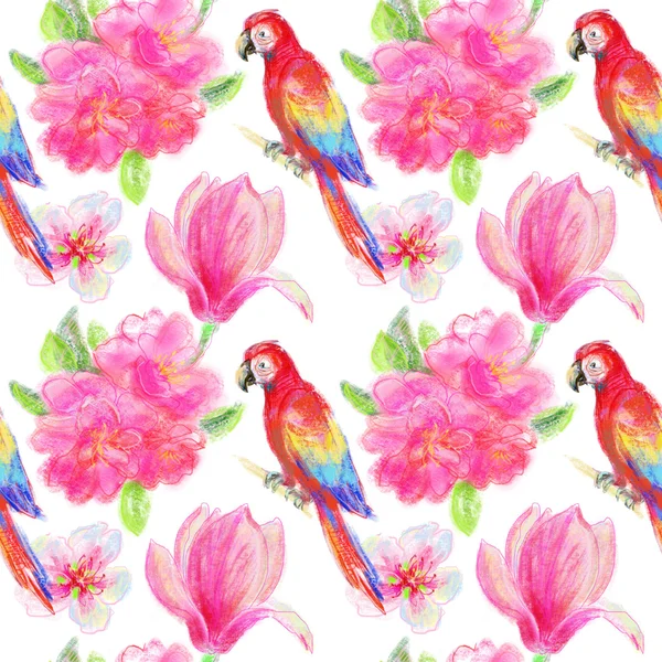 Papugi i egzotycznych kwiatów — Zdjęcie stockowe
