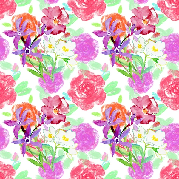 Blooming Pink Flowers Seamless Vintage Floral Pattern Watercolor Retro Design — Stock Photo, Image