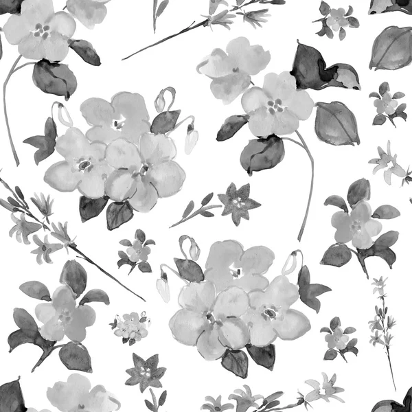 Seamless Floral Background Flowers Leaves Hand Painted Watercolor Painting Grey — Stock Photo, Image